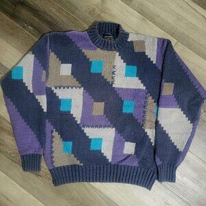 Vintage 90s Alexander Julian Geometric Sweater Large Intarsia Cotton Maximalist